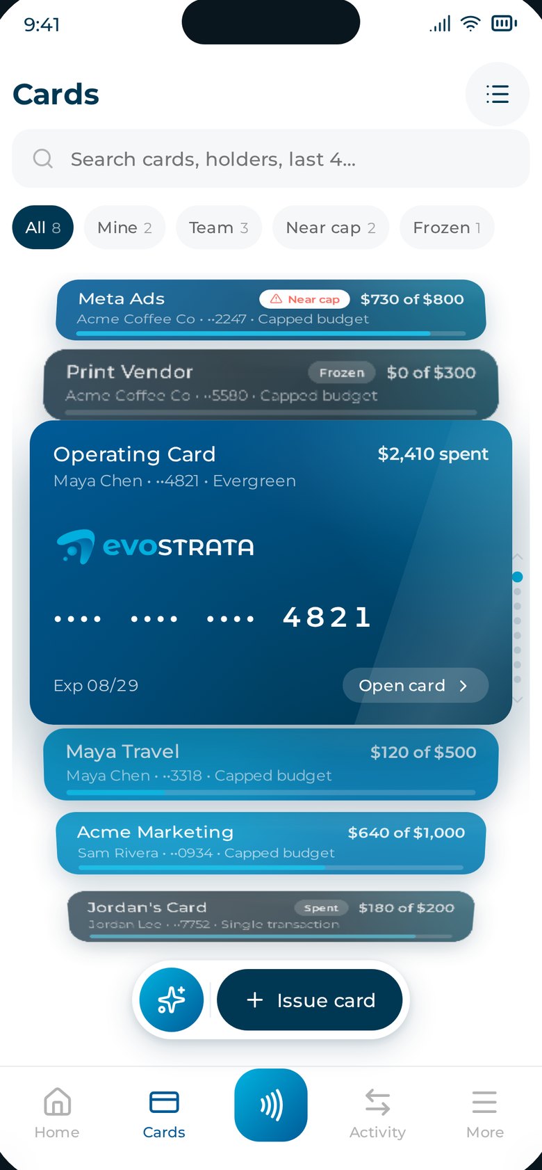 evoSTRATA app: issued cards with spend limits