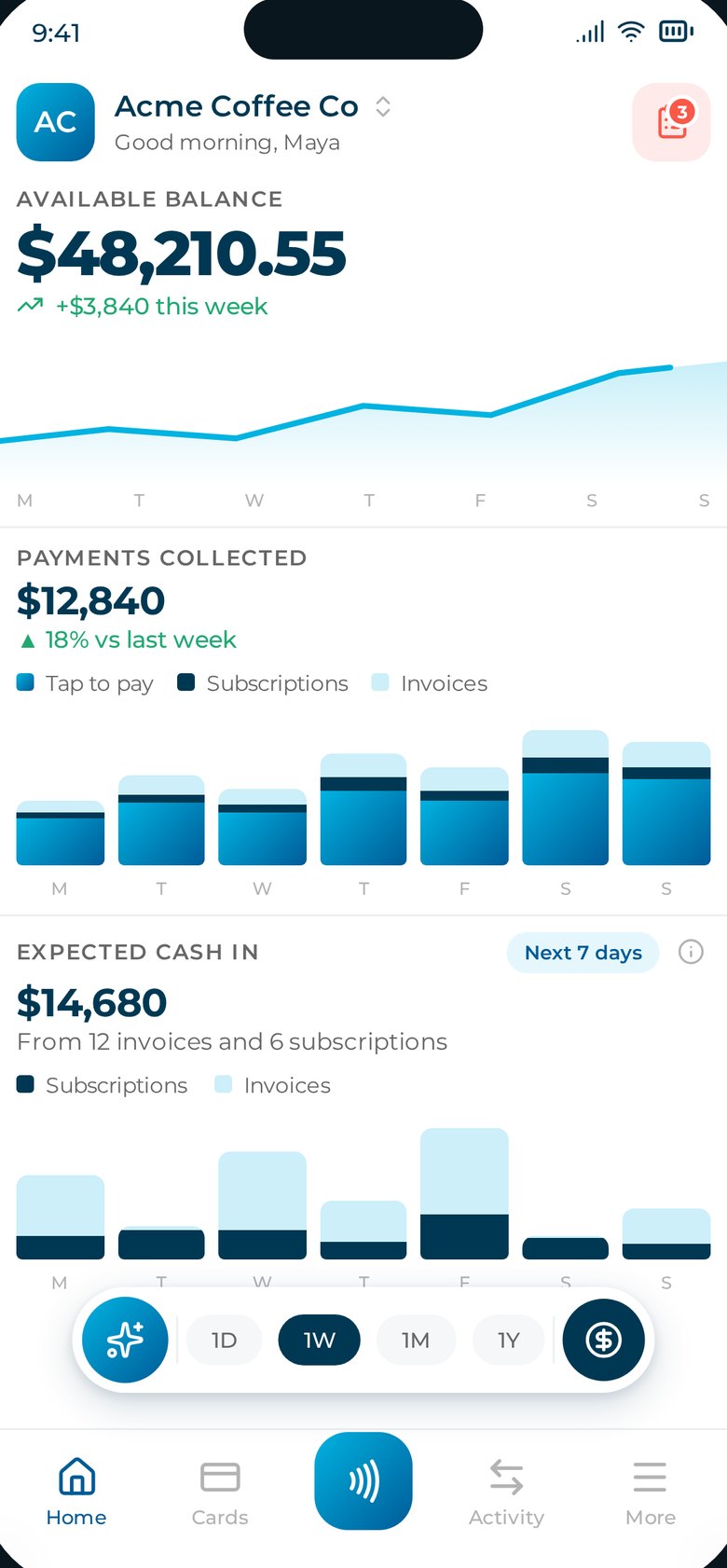 evoSTRATA app: account home with available balance and payments collected